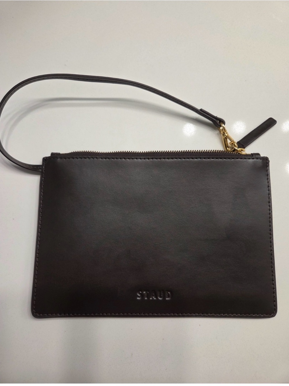 STAUD Dark Brown Leather Wristlet Clutch with Gold Hardware